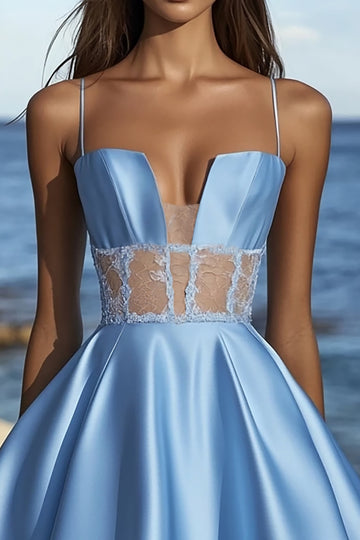 Satin Blue A Line Graduation Dress with Appliques